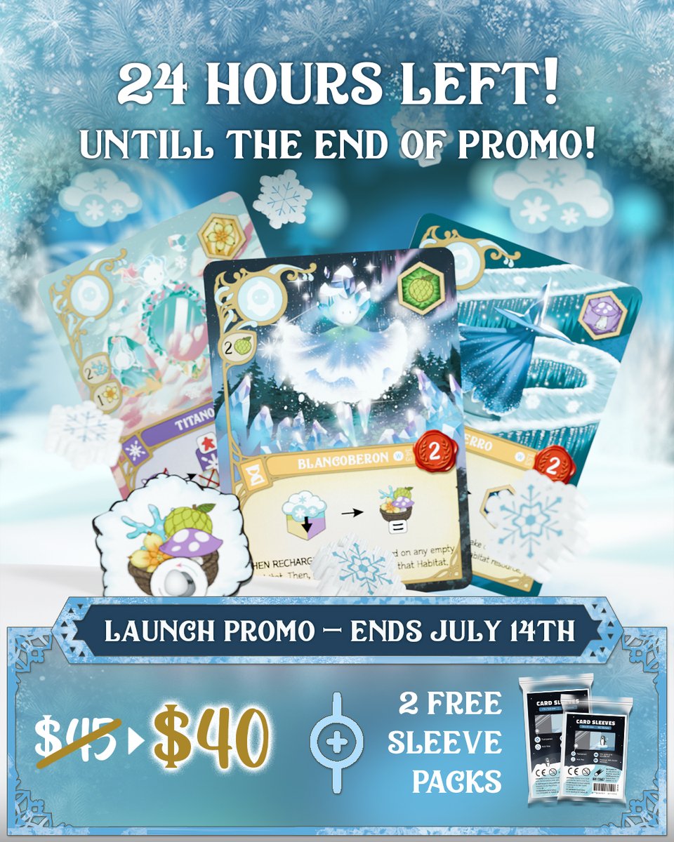 BadCometGames's tweet photo. 🚨 FINAL 24 HOURS of the Winterfall Launch Promo! ⏳❄️
Last chance to grab:
💰 $5 OFF! 🃏 FREE Premium Card Sleeves!
Grab yours now! 👇
https://t.co/hh1dGD74Rg
#WondrousCreatures #Winterfall #BadComet #FinalCall https://t.co/GrmMADQTef