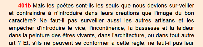 Celinebleue's tweet photo. @the_culturist_ Platon (République, III) l'avait déjà théorisé, Socrate explique qu'il faut interdire aux artisans d'introduire laideur ou vice dans leurs œuvres, car les gardiens, élevés au milieu de ces images comme dans un mauvais pâturage, y amasseraient à leur insu un grand mal dans leur https://t.co/n95bn0Xl1X
