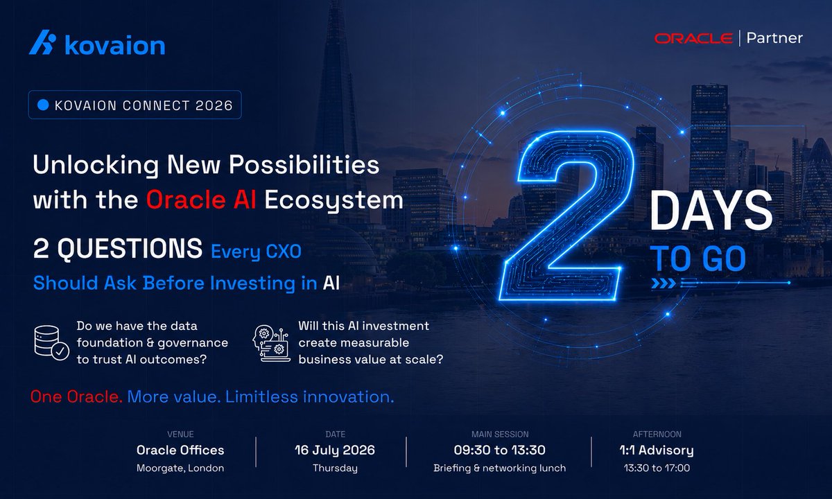 kovaion's tweet photo. 2 days to go! β³
Every CXO should ask:
β Do we have the right data foundation for trusted AI?
β Will our AI investment deliver measurable business value?
π https://t.co/YAoknPwV3l
#KovaionConnect2026 #OracleAI #EnterpriseAI #OracleCloud #DigitalTransformation https://t.co/gHtcPQhA8x