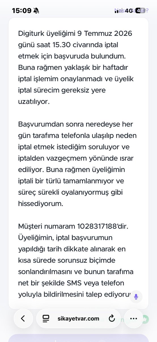 Erkutdmc's tweet photo. Digiturk üyeliğimi 9 Temmuz 2026 günü saat 16:32 civarında iptal etmek için başvuruda bulundum. Buna rağmen yaklaşık bir haftadır iptal işlemim onaylanmadı ve üyelik iptal sürecim gereksiz yere uzatılıyor.

@DigiturkDestek @Digiturk @SikayetvarCom https://t.co/BzbFWP4IHK