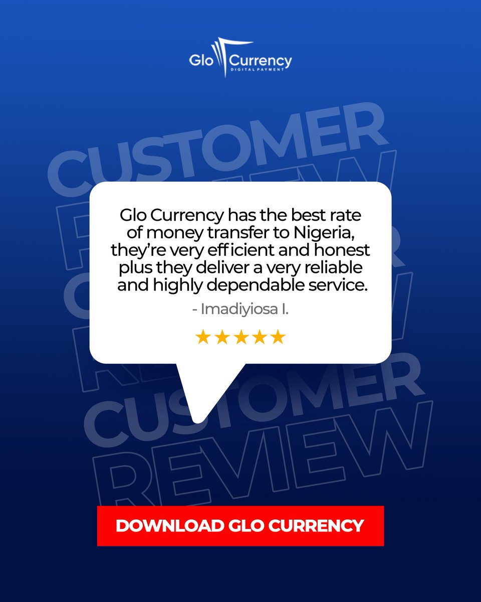GloCurrency's tweet photo. Nothing speaks louder than a happy customer. ⭐⭐⭐⭐⭐

The best measure of any payment platform isn't what it says about itself—it's what customers say after using it.

We're grateful for every business and individual who trusts Glo Currency for fast, reliable international payments.

Thank you, Imadiyiosa, for sharing your experience. Your feedback motivates us to keep delivering the service our customers deserve.

Ready to experience the difference for yourself?

📲 Download Glo Currency today:

https://t.co/GhK3cKsg6P

#GloCurrency #CustomerReview #CustomerFeedback