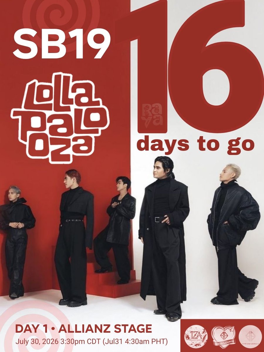 sb19instalounge's tweet photo. 16 days!

If you're only catching one act at Lolla 2026, make it SB19. Live vocal monsters, precision choreo, stage presence for days - this is a group that was BUILT for a moment like this.

We've known it all along. Now the world gets to see it too.

#SB19 #Lollapalooza https://t.co/Vv0fZgcbHB