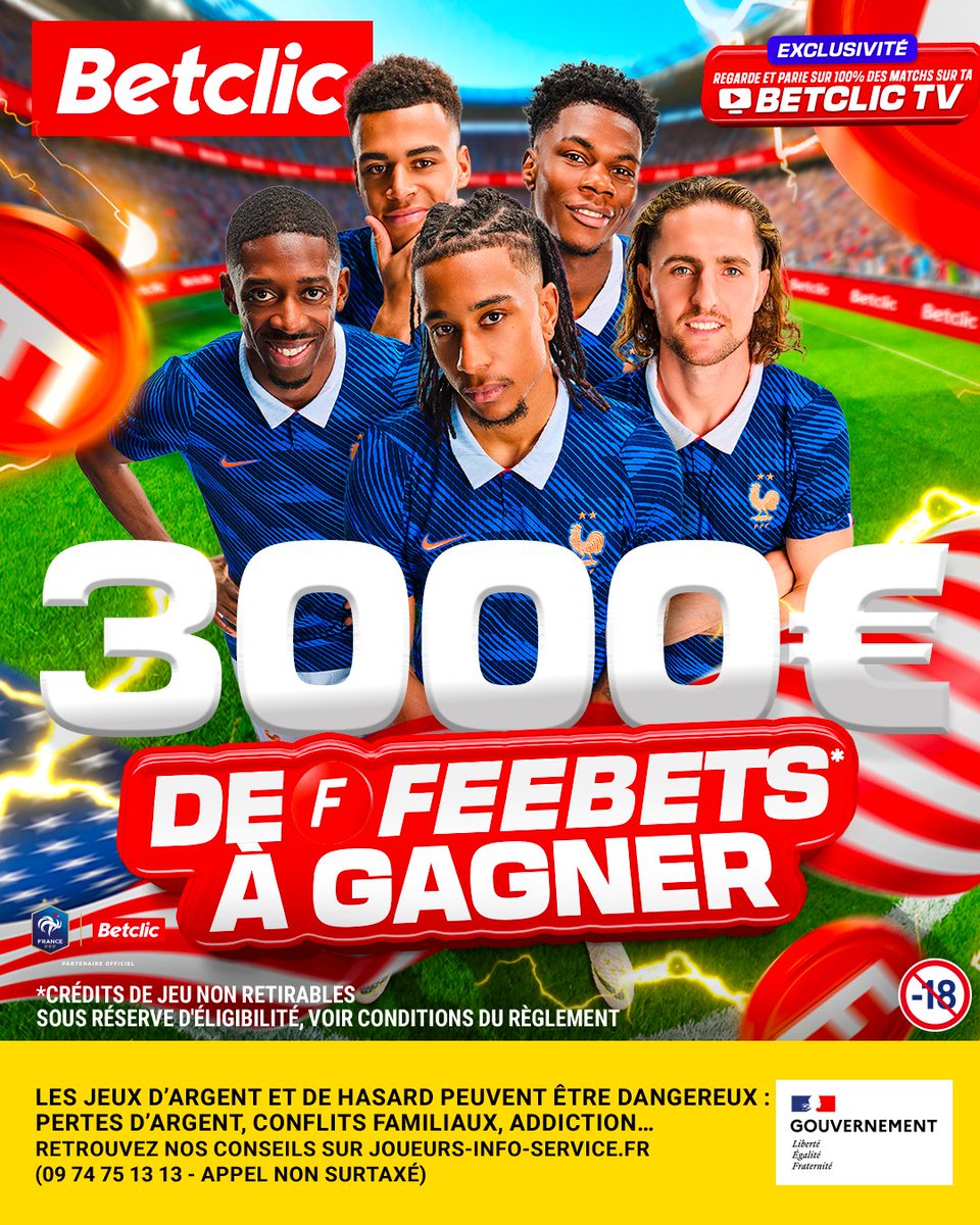 Betclic's tweet photo. LE JOUR DE GLOIRE EST ARRIVÉ ! 🇫🇷🤯
 
60 x 50 € de Feebets* à gagner pour VIBRER devant la demi-finale des Bleus ! 🔥

RT + ton pseudo Betclic + Screen le pari que tu poserais + #FeebetsBetclic🍀

Participations ILLIMITÉES 🤩 https://t.co/OwiG24frBF