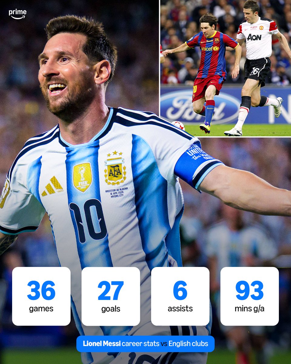 primevideosport's tweet photo. Lionel Messi averages a goal or assist every 𝟵𝟯 minutes against English clubs 😨

Today, he faces the national team for the first time 🏴󠁧󠁢󠁥󠁮󠁧󠁿🇦🇷 https://t.co/SaYL3vpicL