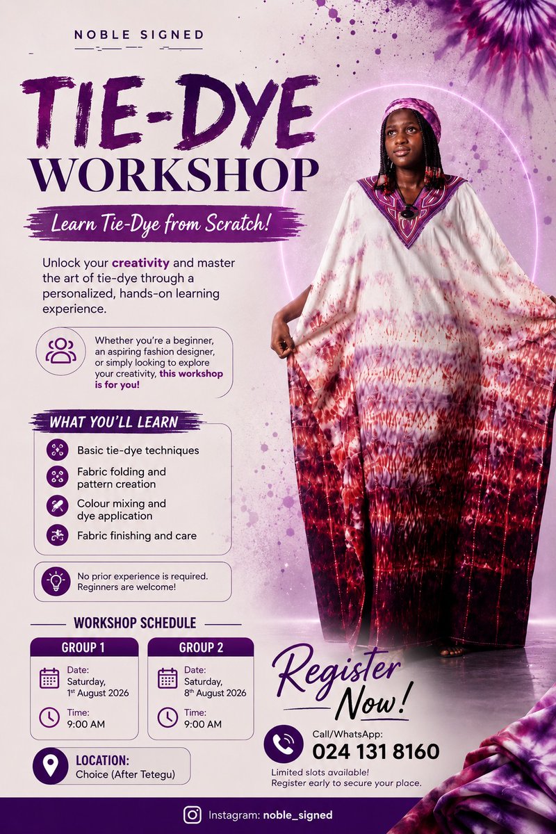 noble_signed's tweet photo. @AbeikuSantana @JDMahama @EricAdjei_ @pabaddo @SammyGyamfi_ @eomaneboamah @FelixKwakyeOfo1 @GhanaPresidency @mydeghana @thePOE_T @utvghana The session will give participants the opportunity to experience the creative process of traditional fabric design by learning how to make their own tie-dye fabrics.
At the end of the class, each participant will have the fabric they personally created.
https://t.co/oo9wU9BEgW https://t.co/xjgfBPW9dZ