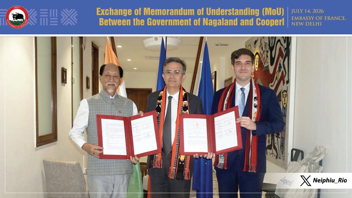 Neiphiu_Rio's tweet photo. The exchange of MoU between the Govt. of Nagaland &amp; Cooperl marks the beginning of a landmark partnership built on mutual trust, shared aspirations, &amp; a commitment to sustainable dev. I thank H.E. @thierry_mathou, Amb. @FranceinIndia &amp; the Cooperl leadership for this partnership. https://t.co/lYXnKPa3fX
