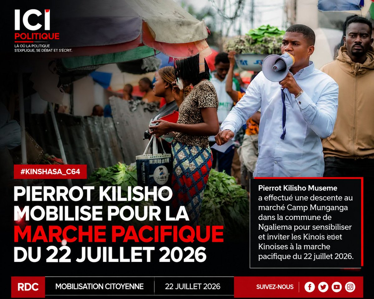 andy_ngolo's tweet photo. 🔴 #KINSHASA_C64 | Pierrot Kilisho Museme a mobilisé les commerçants et habitants du marché Camp Munganga (Ngaliema) pour participer à la marche pacifique du 22 juillet 2026 initiée par la C64.
#C64 #RDC #Kinshasa #22Juillet2026 #ICIPolitique https://t.co/eyA73zvHxx