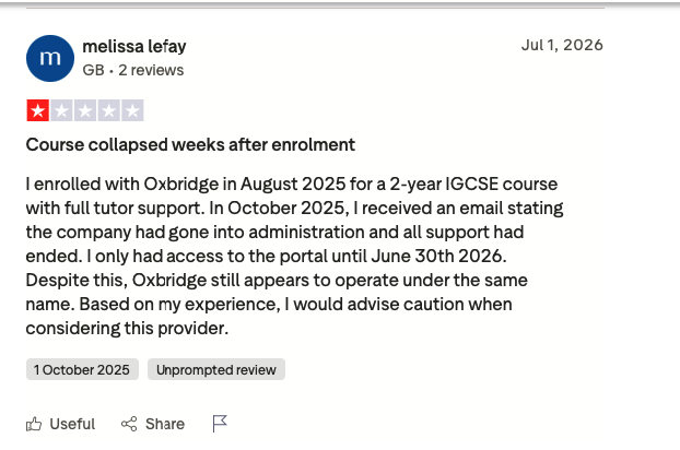OxbridgeWatchUK's tweet photo. It's even worse than that, Melissa. Oxbridge continues to be able to process transactions on its website even though its sole director has been declared personally bankrupt. https://t.co/aWG8jqYb4p