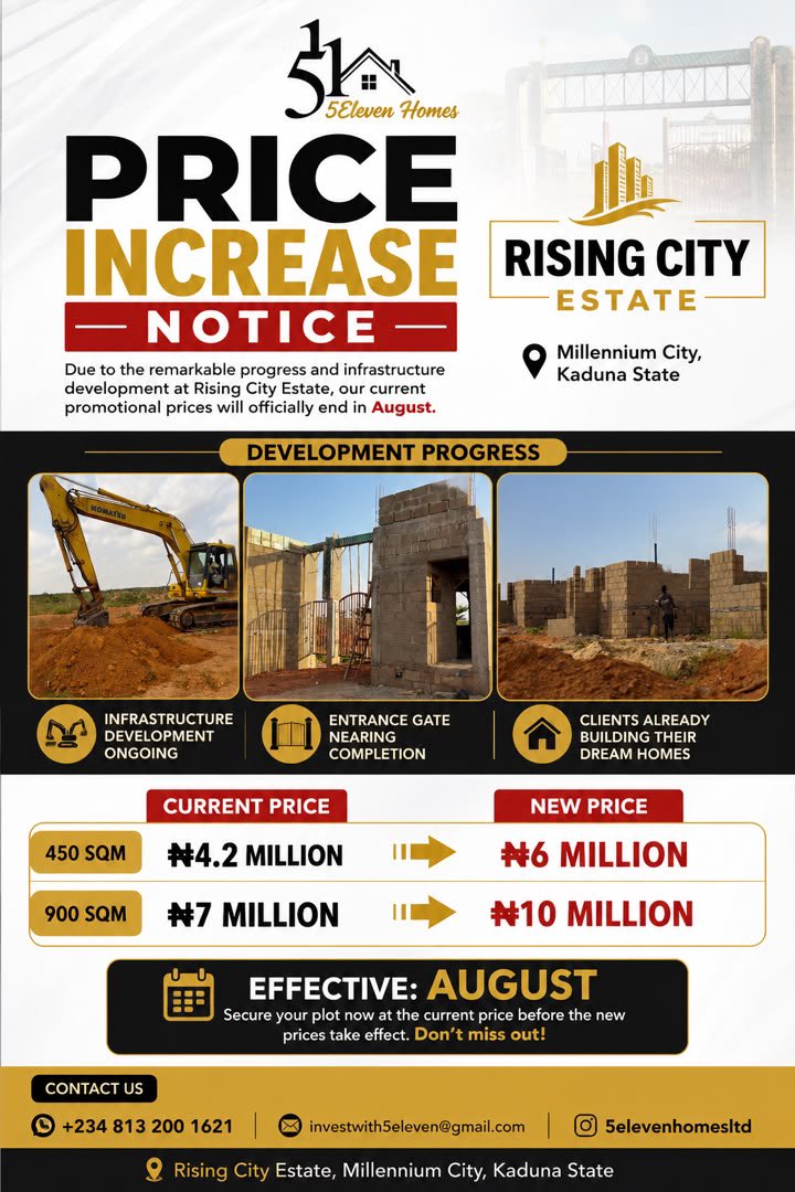 umarr_faruk's tweet photo. Last Chance to Buy at Current Prices!

Prices for Rising City Estate will increase this August.

Current:
✅ 450sqm – ₦4.2M
✅ 900sqm – ₦7M

From August:
📈 450sqm – ₦6M
📈 900sqm – ₦10M

Secure your plot today before the price increase.

📍Millennium City, Kaduna State. https://t.co/qaIjsJNchq