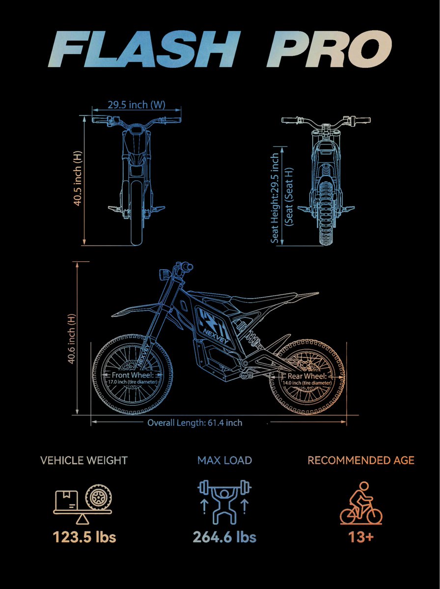 NEXVEY's tweet photo. FLASH vs FLASH PRO: Dimensions Comparison
Here is the direct size breakdown between the two models:
#Nexvey #FLASHEBike #FLASHPRO #ElectricDirtBike https://t.co/CYi8AoM1Cw