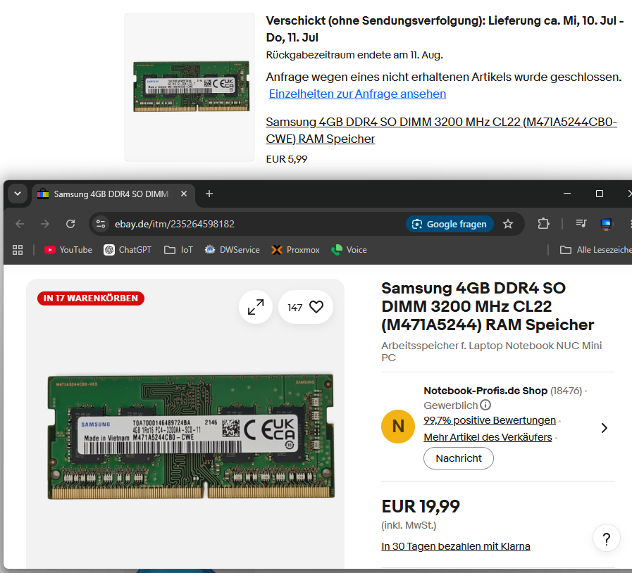 tamay_idk's tweet photo. Two years ago I bought a 4GB DDR4 stick of RAM for 6€ and now it costs almost four times as much 🥲

(Ignore the fact it never arrived and I got my money back lol) https://t.co/1pRa2jPwQn