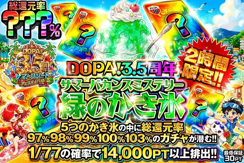 DOPACHANCE_0910's tweet photo. 🍧DOPA!3.5周年サマーバカンスミステリーかき氷🍧

5つのかき氷の中に――
最大総還元率103%のガチャが埋ってるで～🥄

🌊総還元率???％!!
⏰2時間限定!!

販売開始(https://t.co/rfMaSRBd89)

フォロー&amp;RP&amp;いいねで
1名様に2,000PT🎁
〆切 7/15 10時 https://t.co/FnezoFtopd