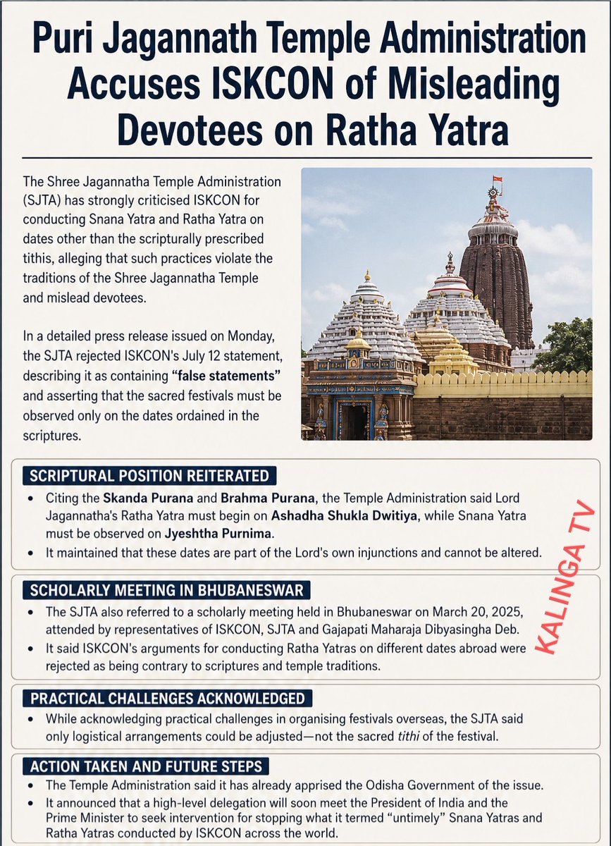 soumyajitt's tweet photo. SJTA Slams ISKCON Over ‘Untimely’ Ratha Yatra, Calls It a Violation of Jagannath Traditions

In a detailed press release issued today, the Shree Jagannath Temple Administration (SJTA) rejected ISKCON's July 12 statement, describing it as containing "false statements" and asserting that the sacred festivals must be observed only on the dates ordained in the scripture. #Odisha
For details see below 👇