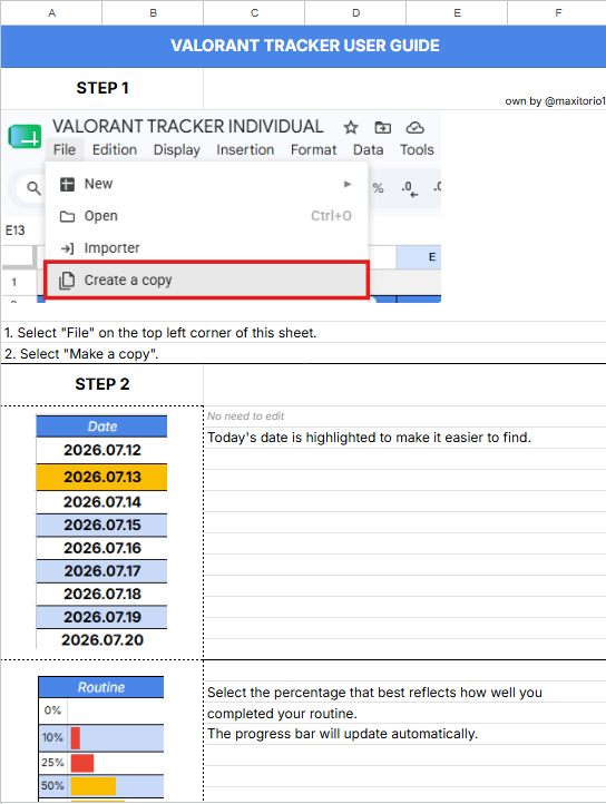 maxitorio1's tweet photo. VALORANT INDIVIDUAL TRACKER

For the past 2 years, I've been using this document with my players to supervise their personal well-being alongside the coaching staff and make the best decisions for their devlopment.

After giving it some thought, i decided to make it public. I believe sharing it will help the most dedicated players and staff members step back, reflect on their progress, and track their devlopment over time.

This document requires consistency and discipline to keep it up to date, but I'm confident you can handle it.

As a player, you can also share it with your coach, manager or performance coach to create a healthier training environment and better assess your training volume and intensity.

Link below 👇