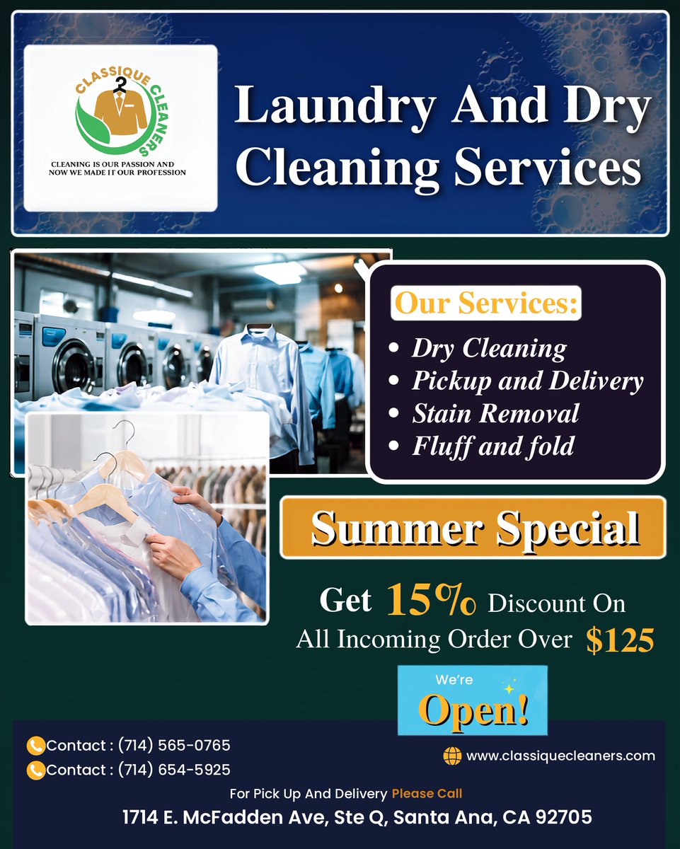 classiqueclean's tweet photo. Summer Special Offer - Get 15% Discount On All Incoming Order Over $125.
📞 Call Today
(714) 565-0765
(714) 654-5925
🌐 Website
https://t.co/WwWeDqF9li
📍 Visit Us
1714 E. McFadden Ave, Ste Q,
Santa Ana, CA 92705 https://t.co/fGh6QlADR1