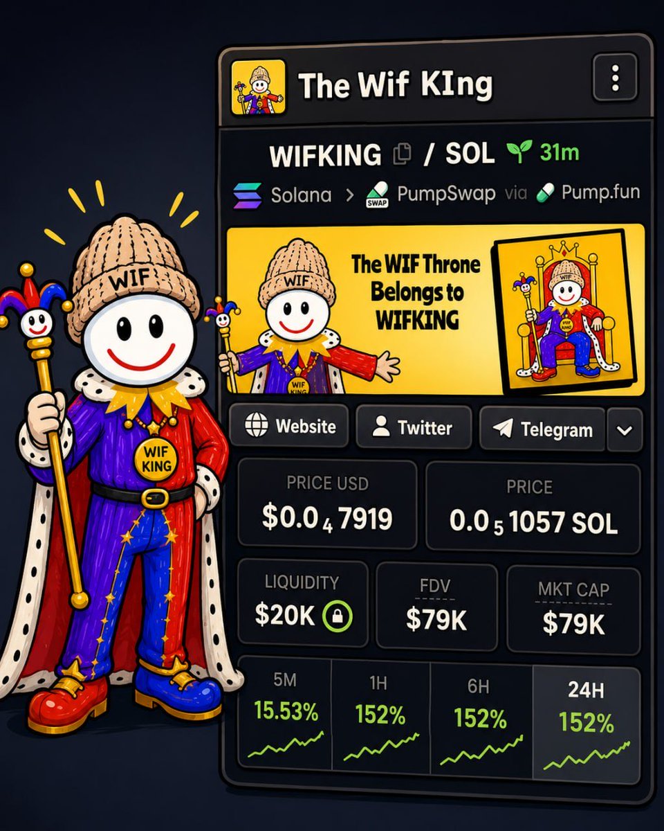TheWIFThrone's tweet photo. The king has entered the chart. 👑

$WIFKING is up 152%, the kingdom is growing, and the throne is getting harder to ignore.

Still early. Still chaotic. Still charging.

CA: wwJ7C2fWJxKbTgFUs1cu6K1R8C2dt3AhaXDi1egpump https://t.co/ZZWpgmQ8hh