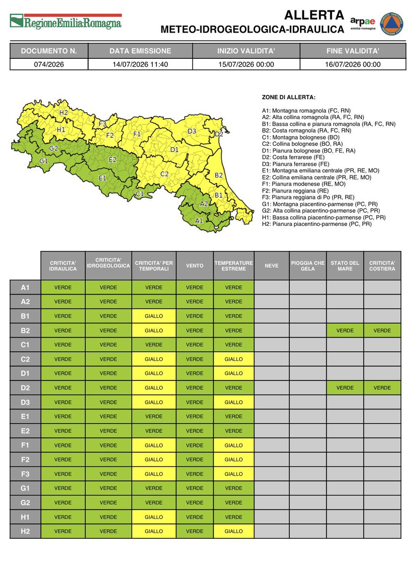 AllertaMeteoRER's tweet photo. #AllertaMeteoER Dalle 00:00 del 15/07/2026 alle 00:00 del 16/07/2026 GIALLA per #temporali e #caldo. 
➡️ https://t.co/LUGkHaCUHl

#15luglio #allertaGIALLA https://t.co/nApmMQtfOl