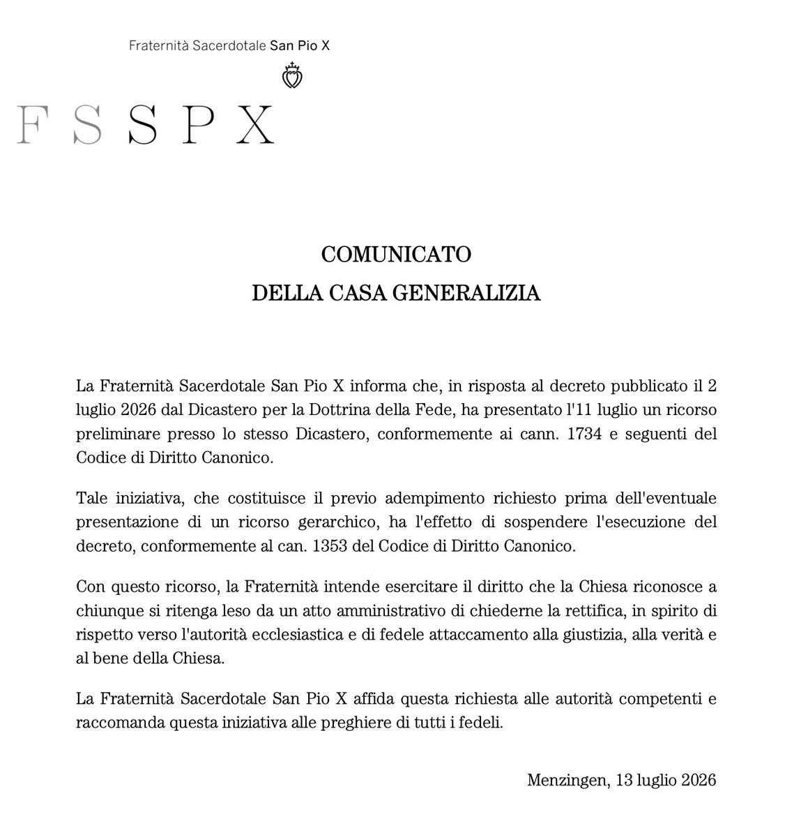matteomatzuzzi's tweet photo. I lefebvriani, evidentemente colpiti dal fatto che il Papa è più furbo di loro, vanno in tilt annunciando ricorsi basati sul Codice di diritto canonico che non riconoscono (1983). 

Ricapitoliamo la pietosa scena: prima fanno sapere che quanto disposto dal decreto non vale ("la Fraternità non è né scismatica né disobbediente. Le scomuniche lanciate contro di essa non hanno nessun effetto, perché, laddove non c’è delitto, non ci può essere neppure la pena corrispondente"), quindi – vedendo la cappa di silenzio calata sul loro show estivo – si appellano al Codice vaticanosecondista.