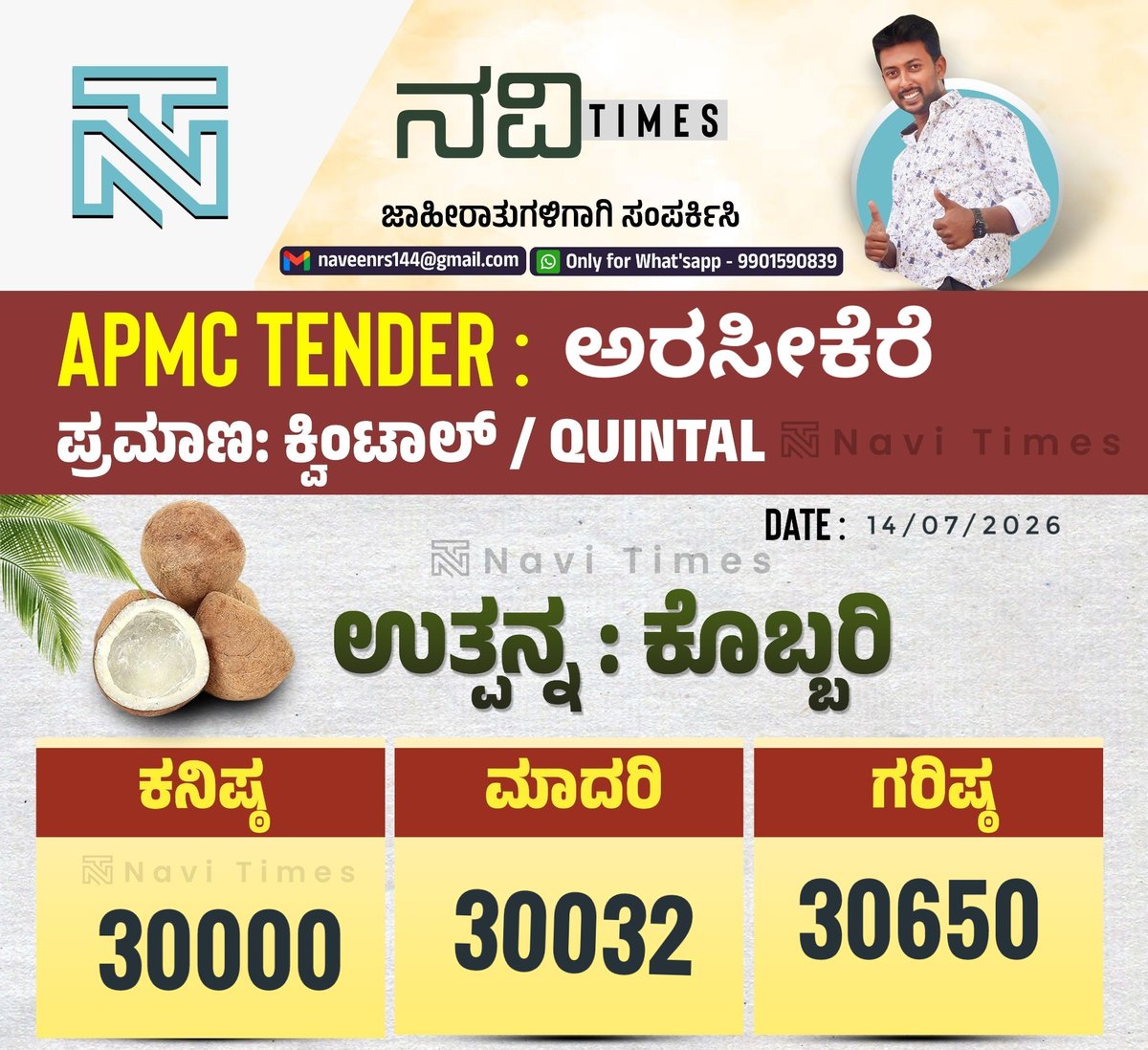 NAVITIMES444172's tweet photo. ಈ ದಿನ ಪಟ್ಟಿ: 30650
Apmc tender 🌴
naveenrs144@gmail.com
Contact for digital marketing & promotion & advertisement,
9901590839 only watsapp
ಜಾಹೀರಾತುಗಳಿಗಾಗಿ ಸಂಪರ್ಕ ಮಾಡಿ, 🥰🤝💐
Highlight #copra #kobbri #arsikere #tiptur #apmc https://t.co/LWMkPfZbEp