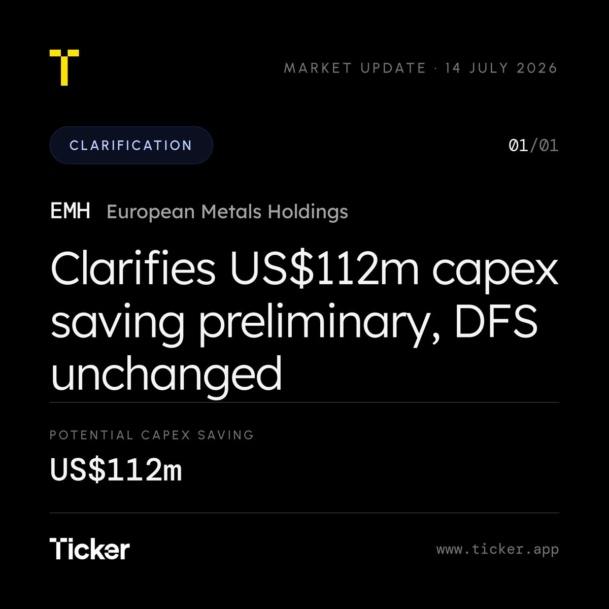 TickerOfficial's tweet photo. European Metals Holdings #EMH $EMH.L clarifies that potential US$112m capex savings from tunnel kiln testwork were preliminary and not yet subject to detailed studies, with its December 2025 DFS still applying. https://t.co/1oucsY2rsm https://t.co/9rTiekjiv4