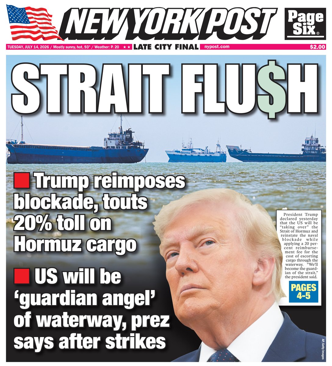 nypost's tweet photo. Trump announces US Navy reinstating Iran blockade, announces 20% charge for safe passage. Read today's cover here: https://t.co/63GMDKgKH0 https://t.co/2ds4PN4z3p