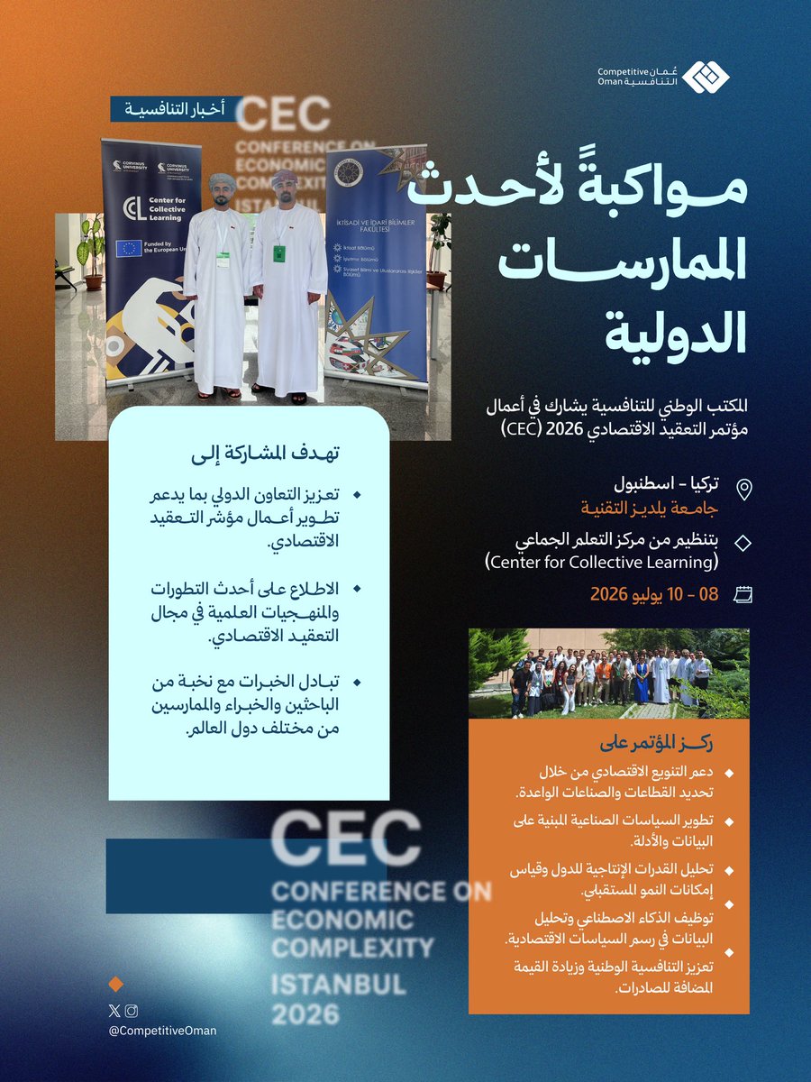 CompetitiveOman's tweet photo. 🔹#أخبار_التنافسية | المكتب الوطني للتنافسية يشارك في مؤتمر التعقيد الاقتصادي (#CEC2026) بمدينة اسطنبول، تعزيزًا للتعاون الدولي وبحث سبل التحسين في مجال التعقيد الاقتصادي والذي بدوره يسهم في رفع القدرة التنافسية للاقتصاد الوطني. 

#نحو_عمان_التنافسية https://t.co/77rAnhqcI4