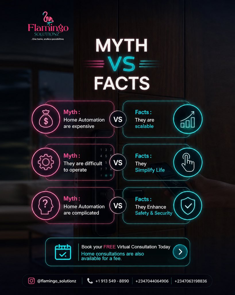 Flamingo_SZ's tweet photo. Everyone wants a smarter home.
Too many are held back by myths.
❌ “It’s too expensive.”
❌ “It’s too complicated.”
❌ “It’s difficult to use.”
Which myth have you heard the most? 👇🦩
#flamingosolutionz #homeautomation #myths #tech #fypシ゚viral https://t.co/9AEnOLxMJQ