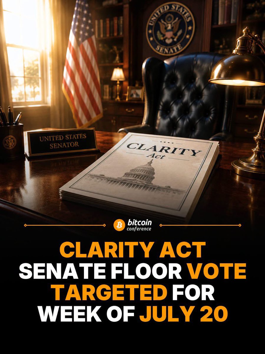 MAGAMan002's tweet photo. 🇺🇸 THE #BITCOIN AND CRYPTO CLARITY ACT COULD REACH THE SENATE FLOOR THIS MONTH‼️✊

CoinDesk says a new combined Senate draft may drop as soon as next week.

Here are the stats 📊

✅ House already passed the bill
✅ Senate Banking advanced it 15–9
👀 Full Senate vote could come https://t.co/5reRepXP8q