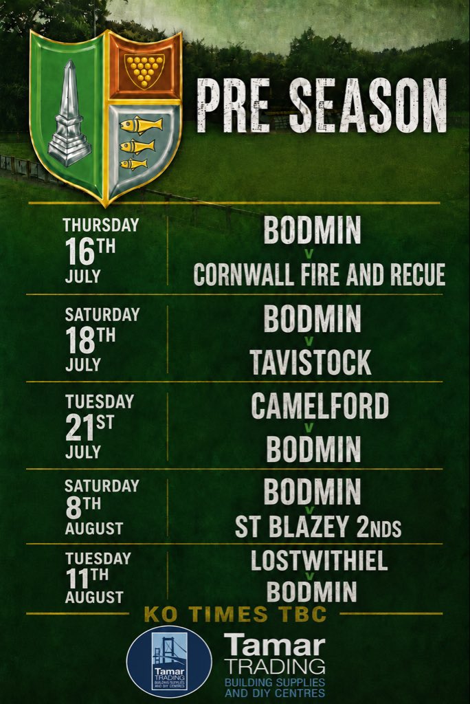 FCBodminTown's tweet photo. Bodmin Town 1st team pre season fixtures 🖤💛

A Big Thanks to our kit sponsor Tamar Trading Supplies 👏 https://t.co/IKFcRcWwxa