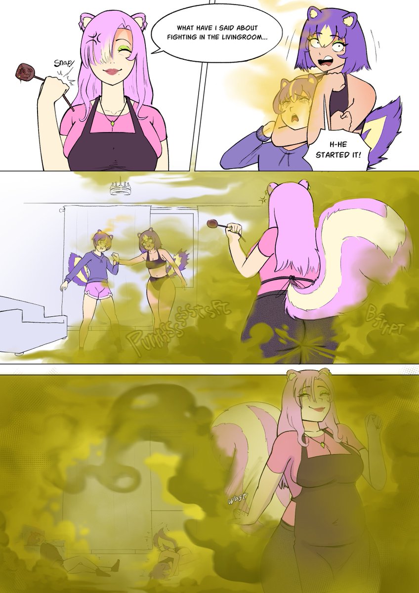Arejay80085's tweet photo. Skunk family quarrel!🦨🦨🦨 Misty saw her twin brother took her shorts and decides to punish him for it. Until moma skunk Malina arrives to discipline the both of them (CW: only the first image has femboy farts) https://t.co/oi9JIcIIML