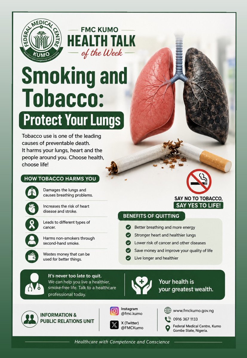 FMCKUMO's tweet photo. SAY NO TO TOBACCO, SAY YES TO LIFE! 
#healthtips
#fmckumo https://t.co/hLAphug9Er