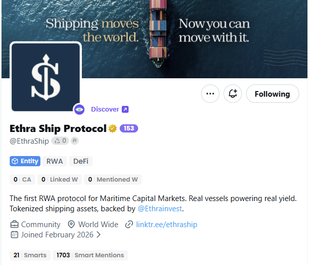 0xKeng's tweet photo. The next wave of RWA adoption may not come from putting more familiar assets on-chain

It may come from opening industries that have always been productive, profitable, and essential but inaccessible to most investors

That is the opportunity being explored by
@EthraShip 

Maritime finance sits behind almost everything the global economy depends on

Ships transport oil, food, metals, machinery, consumer goods, and raw materials between continents every day.

Yet financing and investing in these vessels remains largely reserved for shipping companies, banks, private funds, and wealthy participants.

The barriers are significant:

→ High capital requirements
→ Complex ownership structures
→ Limited market access
→ Fragmented financial data
→ Low liquidity
→ Little transparency for outside investors

EthraShip is building blockchain infrastructure designed to reduce these barriers.
By bringing shipping assets and charter-based revenue on-chain, the platform aims to create a more open and efficient financial layer for the maritime industry.
This could allow participants to gain exposure to real vessels generating income from real commercial activity, while benefiting from clearer ownership records, transparent revenue flows, and more flexible capital formation.
The important distinction is that EthraShip is not inventing demand.
Global trade already needs ships.
Shipping companies already need capital.

Vessels already generate revenue through charter agreements.

Blockchain is being introduced as the infrastructure that can connect these existing elements more efficiently.

That is where RWA becomes meaningful.

Not when tokenization is used as a marketing label, but when it improves access, transparency, liquidity, and coordination inside a real economic market.

While treasuries and real estate currently dominate the RWA narrative, maritime finance represents a much larger frontier than most people realize.

EthraShip is positioning itself at the intersection of global trade, productive assets, recurring cash flow, and on-chain finance.

Creators researching this emerging sector can also participate through the
@NucleusCodes $30,000 stablecoin campaign, which rewards valuable contributions around the EthraShip ecosystem.

The ships are already moving.

The revenue is already being generated.

EthraShip is building the gateway that could bring this industry on-chain.
cc @quipnetwork