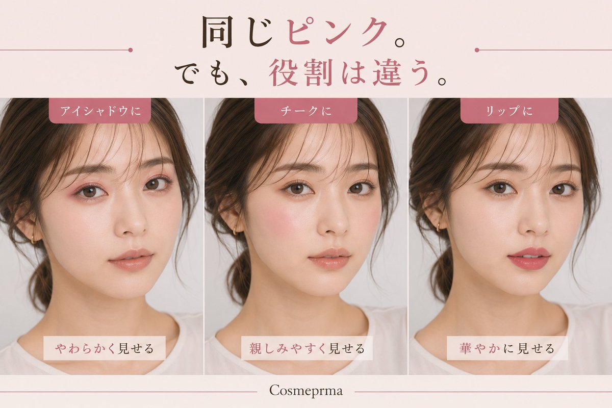 Cosmeprma's tweet photo. メイクで印象を変えたい時、実は
「何色を使うか」
より
「どこに使うか」
の方が大切なことがあります。同じピンクでも、リップなら華やかに。チークなら親しみやすく。アイシャドウならやわらかく。
色は同じでも、 場所が変わると役割も変わります。

#カラーコスメ https://t.co/yKAf7E2AXP
