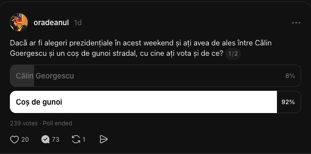 oradeanul's tweet photo. Am pus aceeași întrebare unde "nu-s în bula mea" și rezultatul a fost și mai tragic.
Rămâne cum am stabilit, dacă nu-s coordonați, plătiți și duși cu autocarul, tabăra falit moral suveranistă nu există. Sunt doar câțiva mai agresivi care ies în evidență.
Salut conservelor. https://t.co/AbYG2XLJSA