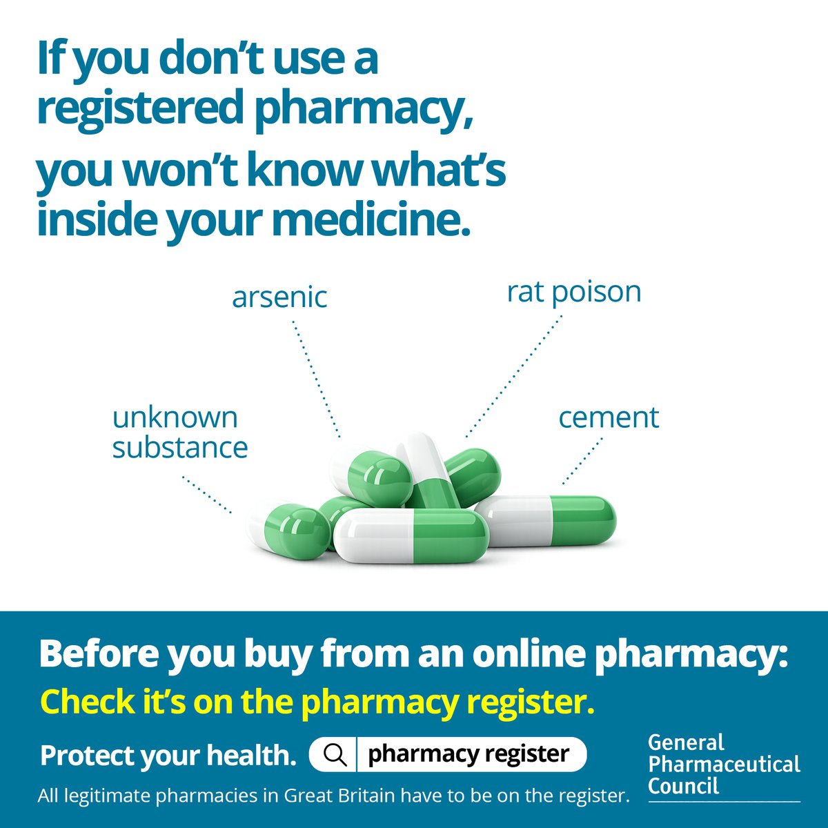 TheGPhC's tweet photo. Buying medicines online? Make sure you’re protected.

Our new campaign highlights the risks of fake online pharmacies and the importance of using trusted, registered providers.

Find out how to check the register >> https://t.co/CfQTjngLOz https://t.co/YWUdXpch8i