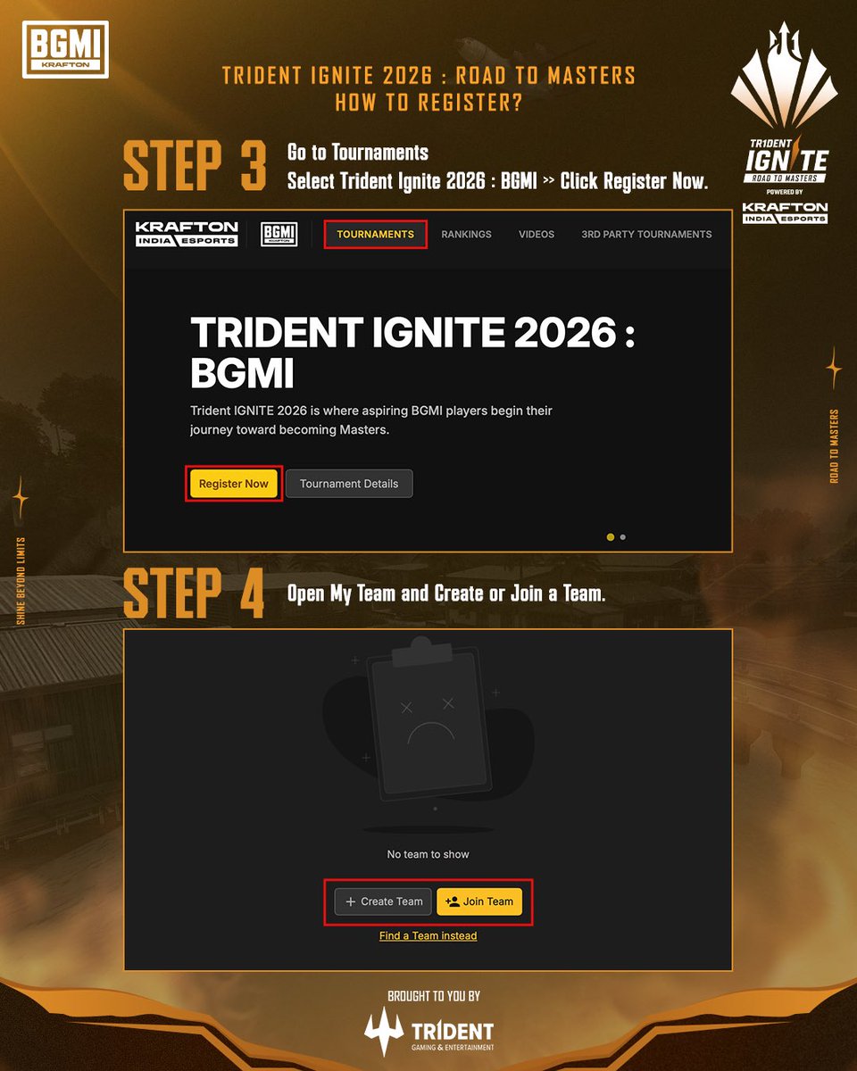 Tridentgaming09's tweet photo. 📝 Ready to join the battle? Here’s your complete registration guide for Trident IGNITE 2026 : Road to Masters

Swipe through the carousel and follow each step to register your squad successfully. 🚀

⚠️ Double-check all player details before submitting your registration. https://t.co/7fiWQkJzNz