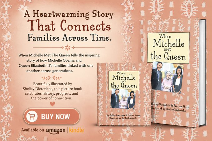 Authors__Glow's tweet photo. Inspire curiosity and learning with When Michelle Met The Queen by Shelley Dieterichs https://t.co/ygChBrvsmA #ChildrensBooks #KidsBooks #PictureBook #LearningIsFun #ReadingGoals https://t.co/faD1q1IjD9