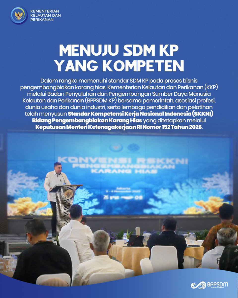 bppsdm_brpsdi's tweet photo. Komitmen tersebut diwujudkan melalui penetapan Standar Kompetensi Kerja Nasional Indonesia (SKKNI) Bidang Pengembangbiakan #KarangHias sebagai acuan pengembangan kompetensi, pelatihan, dan sertifikasi

#KKPGOID #SDMKP #SDMUnggul https://t.co/y2ASXM3mZc