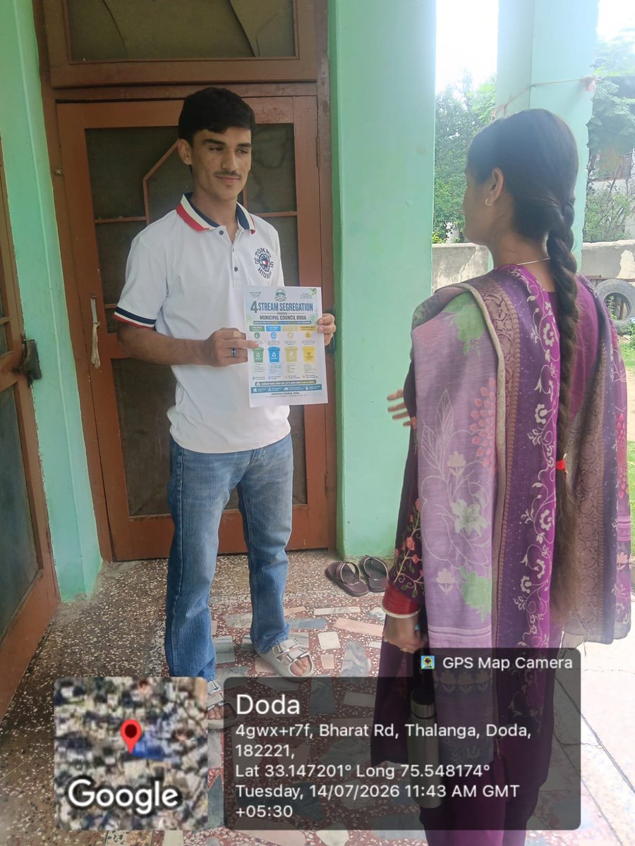 CouncilDoda's tweet photo. Today, Community Mobilizers of MC Doda conducted a #ModelWard activity, educating residents on #sourcesegregation, #homecomposting, proper waste disposal, & sustainable cleanliness practices under the SWM Rules, 2026
@JammuUlb
@JKHUDD1
#MoHUA
#SBMUrban
#SwachhJK
#SwachhSurvekshan https://t.co/Aw0ZPmrFll