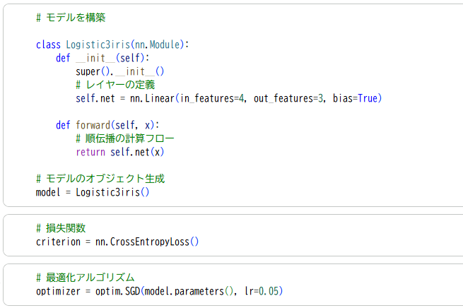 mgktaq's tweet photo. PyTorch学習
3クラスロジスティック回帰 iris dataset (その2)

モデルの構築は2クラスのものとほぼ同じですが、
3クラス分類なので out_features=3
損失関数は nn.CrossEntropyLoss を使用、この関数内でソフトマックス関数の処理もします（なのでモデルのクラス内にソフトマックスのコードは不要） https://t.co/rolU2x5cX3