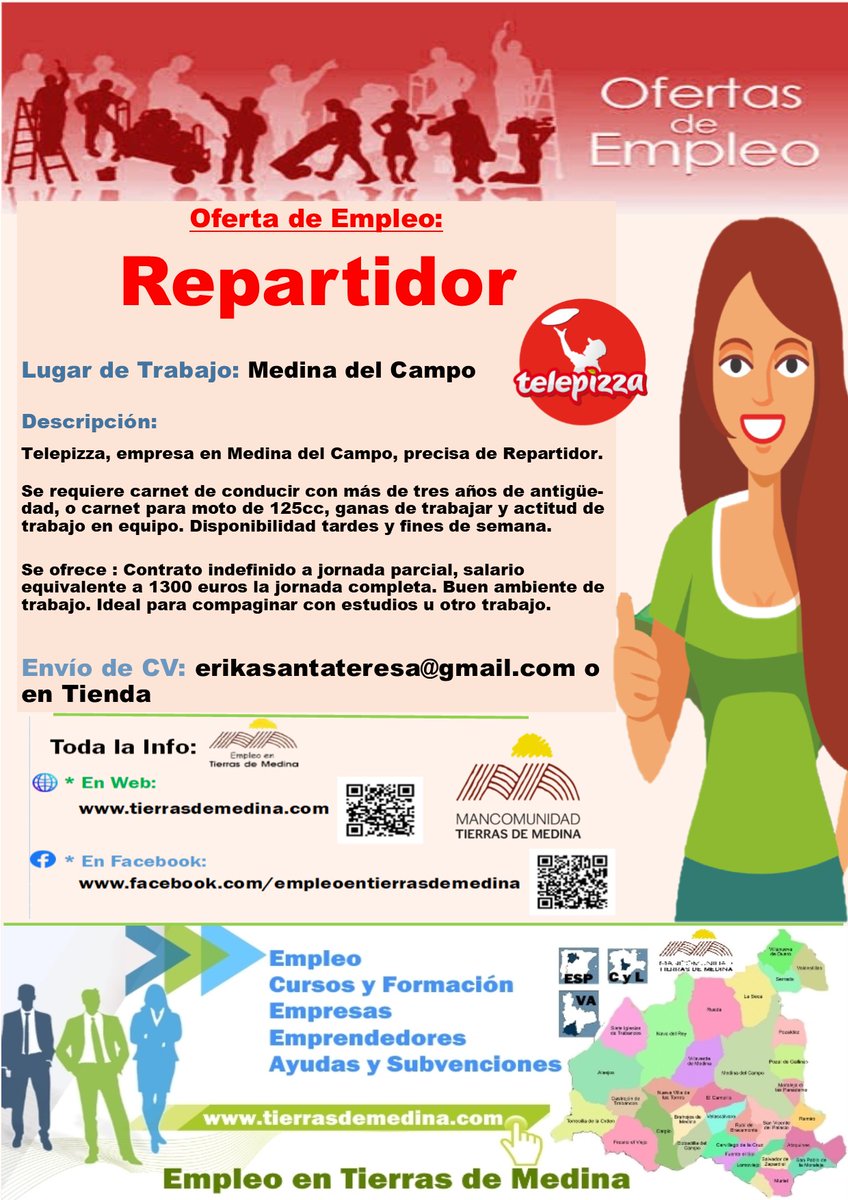 TierrasdeMedina's tweet photo. Oferta de #Empleo: #Repartidor en #MedinadelCampo
#Telepizza, empresa en Medina del Campo, precisa de Repartidor
Carnet de conducir con + de 3 años de antigüedad, o carnet moto de 125cc. Disponibilidad tardes y fines de semana
Envío de CV: erikasantateresa@gmail.com o Tienda https://t.co/kJMoBMLfaa