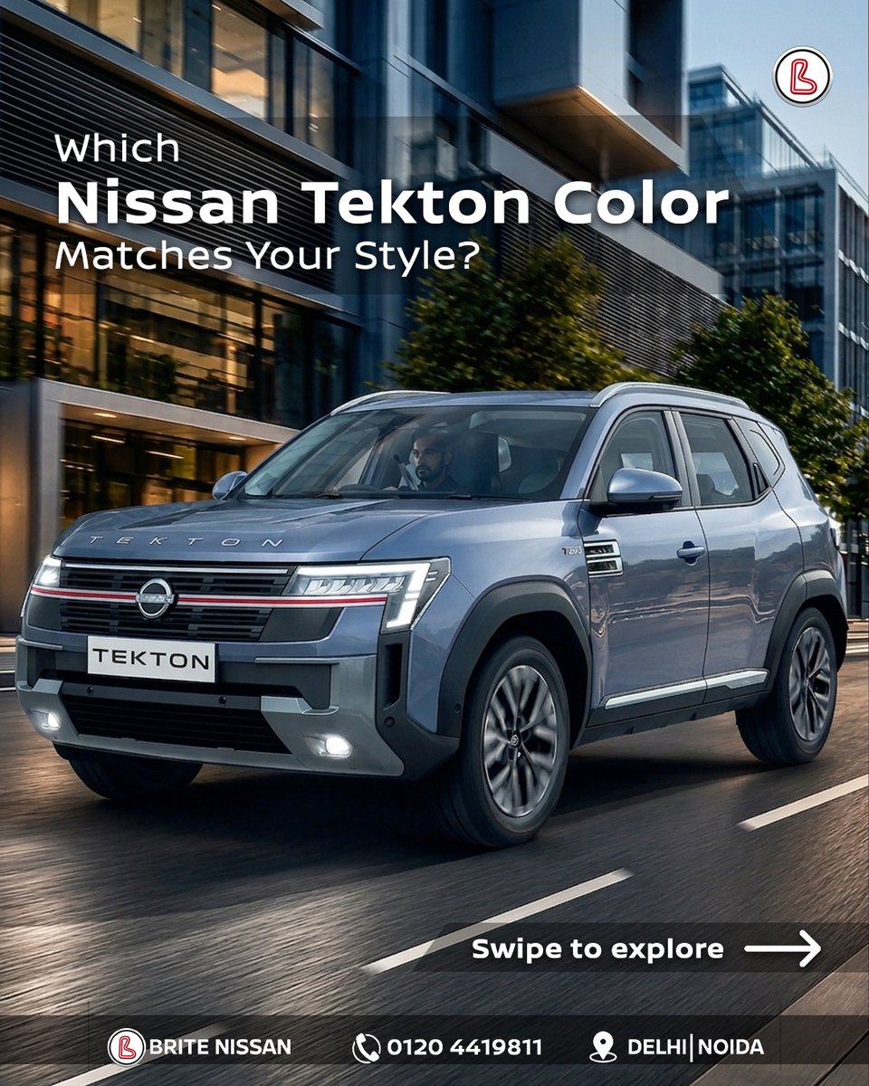BriteNissan's tweet photo. Which Nissan TEKTON colour matches your personality? 

From bold to timeless, the all-new Nissan TEKTON comes in 6 stunning colours.
Which one would you choose? Tell us below. 

📍  Delhi &amp; Noida
📞 0120 4419811
#NissanTEKTON #BriteNissan #NissanIndia #ColourYourDrive #NewLaunch https://t.co/QTJoij7Gau