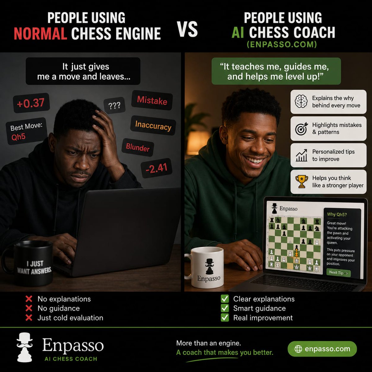 enpasso's tweet photo. Your app: "Blunder."
Enpasso: "Here's why that was a blunder and here's what to play instead."
Feedback > scores. Every time
What's your biggest "why did I do that" chess moment?
Try a free session, link in bio.#Enpasso
#LearnChess #ChessImprovement #ChessForBeginners #GrowthMind https://t.co/awj8vN8byP