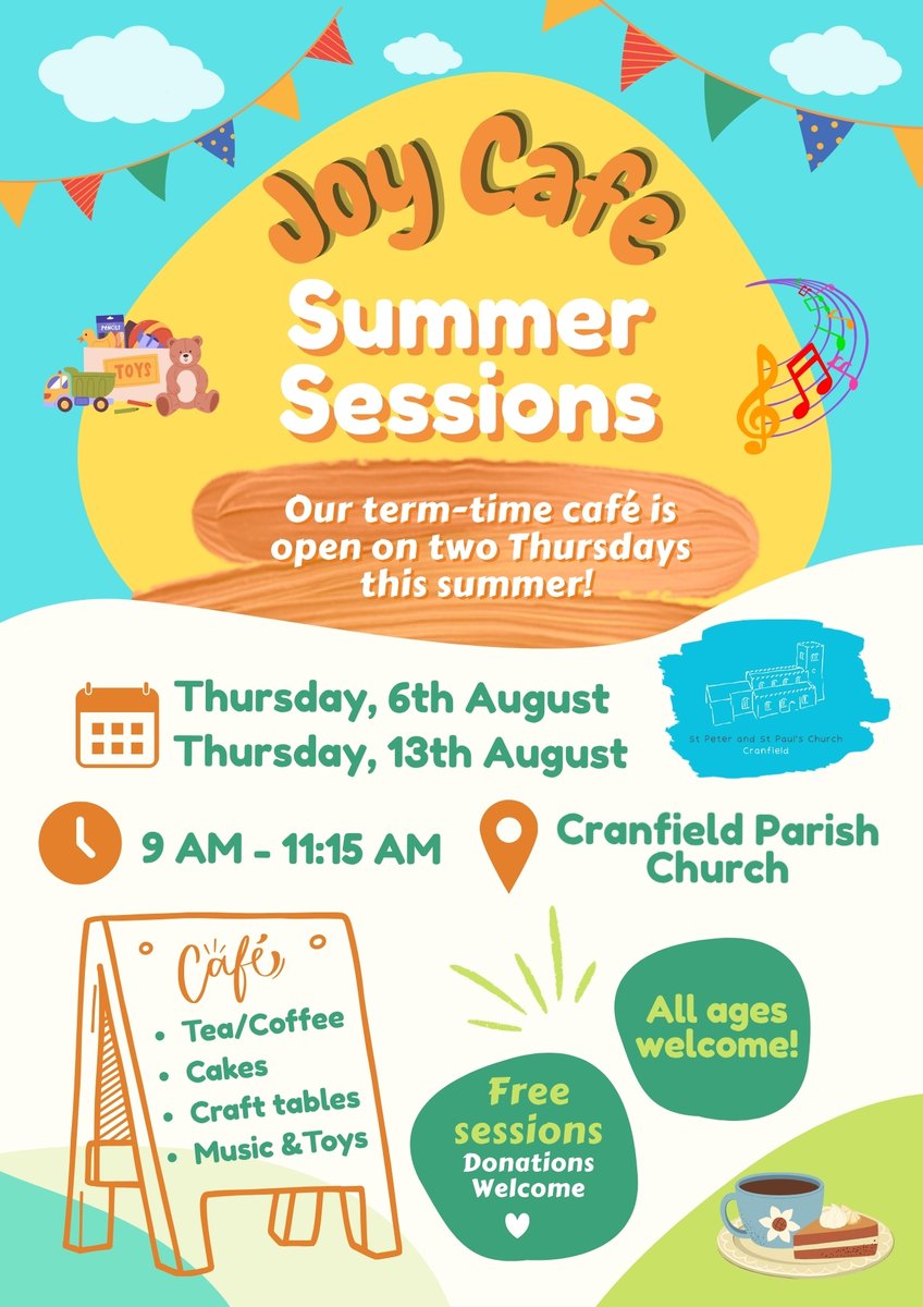 CranfieldChurch's tweet photo. We have quite a few events and special services over the summer! Look out for all of them!

We're also holding two Summer Cafes - just like our usual term-time Thursday Cafes!

🗓️ - Thursday 6th and Thursday 13th August.
⌚ - 9am - 11:15am.
🎼 - Story and singing time for kids. https://t.co/k57T4Jq6lF