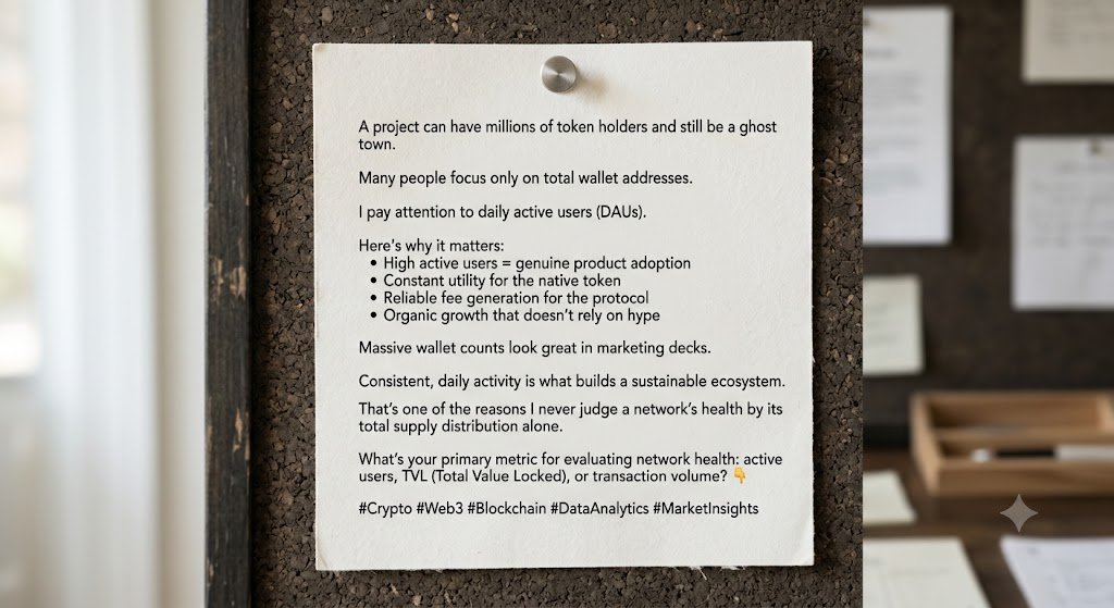 NeuroSpark_15's tweet photo. A project can have millions of token holders and still be a ghost town. Many people focus only on total wallet addresses. I pay attention to daily active users (DAUs). Here's why it matters: • High active users = genuine product adoption • Constant utility for the native token • Reliable fee generation for the protocol • Organic growth that doesn't rely on hype
Massive wallet counts look great in marketing decks. Consistent, daily activity is what builds a sustainable ecosystem. That's one of the reasons I never judge a network's health by its total supply distribution alone.
What's your primary metric for evaluating network health: active users, TVL (Total Value Locked), or transaction volume? 👇
#Crypto #Web3 #Blockchain #DataAnalytics #MarketInsights
