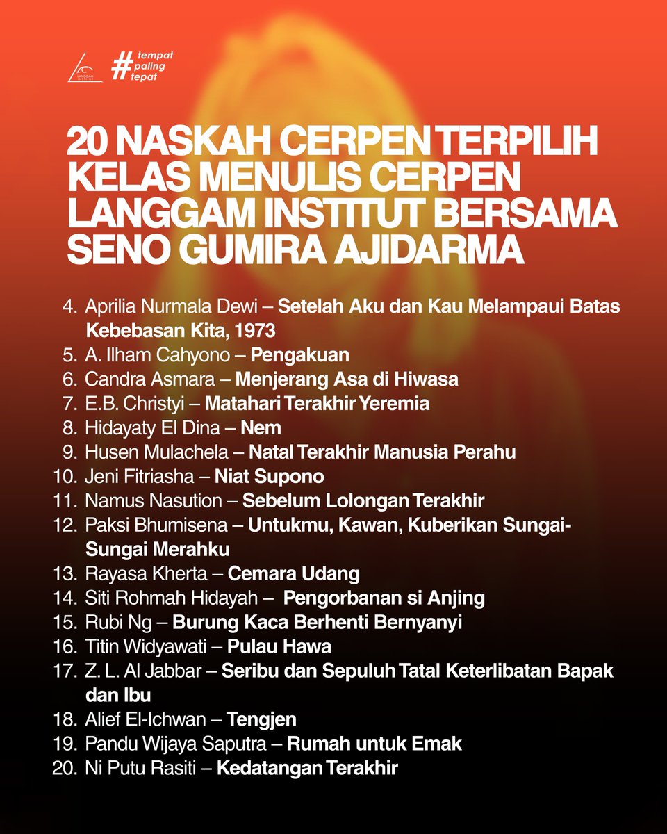 mahli_cc's tweet photo. Arsip kenarsisan—
Meskipun cerpenku yg lolos tak dibaca SGA sebab memang beliau tak jadi kuratornya, tak apa. Sudah cukup membahagiakan bagiku.
Dan yang nomor 1 itu Danny, kawan kuliah, warga Mojokerto. Amat pantas baginya menyandang gelar pertama. Terima kasih, SGA. https://t.co/juA0x71JKn