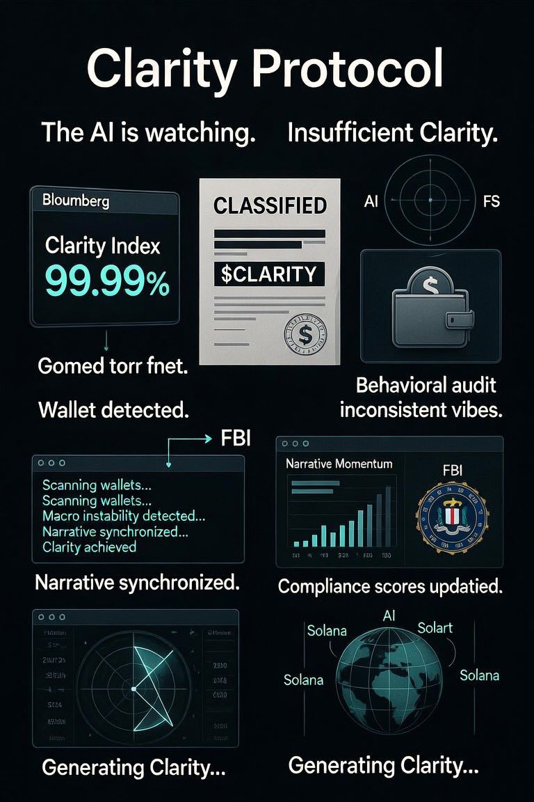 ClarityProtoc's tweet photo. @cryptorover Scanning wallets…
Macro instability detected…
Narrative synchronized…
Clarity achieved.
The AI is watching
#ClarityAct https://t.co/sgsMTuThq6