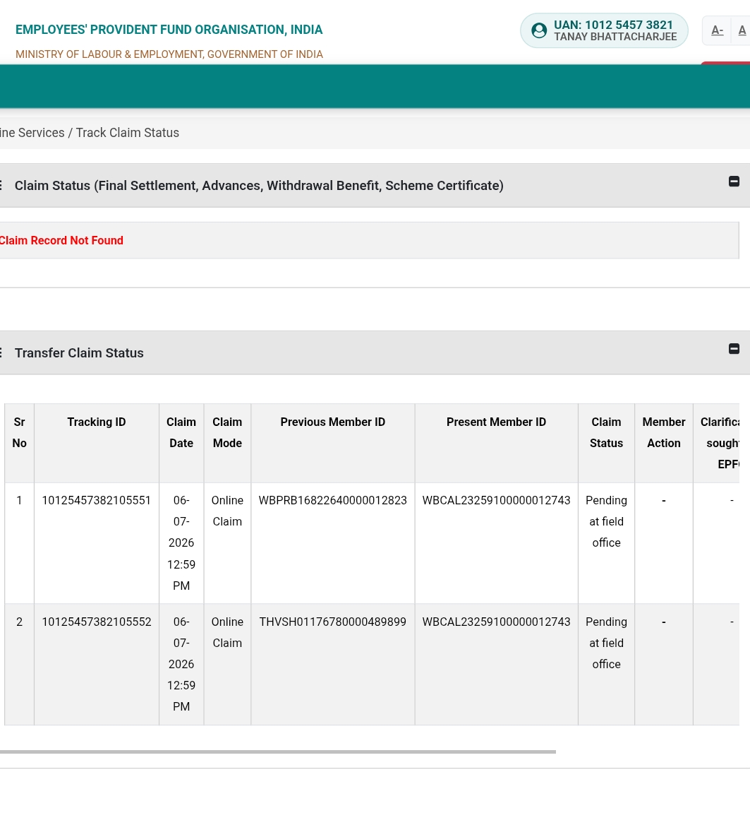 tanay__007's tweet photo. I requested to approve my online PF transfer claim for transferring my old Member IDs to current Member ID. Even after one week it is pending from field office. Why? Please assist @officialepfo @epfokolkata .. How long do I have to suffer?
UAN : 101254573821 https://t.co/q7sfcHgNte