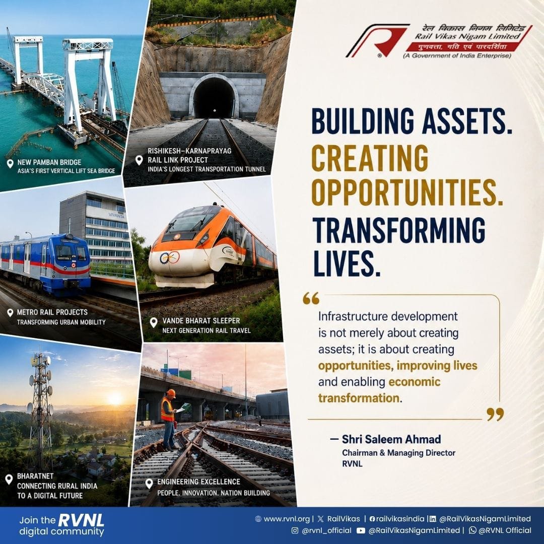 RailVikas's tweet photo. Infrastructure is often spoken of in numbers, kilometers of track, tonnes of steel, years of construction. But at RVNL, we measure it differently: in the opportunities it creates, the livelihoods it supports, and the lives it quietly transforms along the way.
From engineering marvels that redefine what's possible, to last-mile connectivity that brings rural India into the digital mainstream, every initiative reflects our larger purpose, building not just for today, but for the India of tomorrow.

Guided by our core values of quality, speed, and transparency, RVNL remains committed to delivering infrastructure that empowers people and strengthens the nation.

#RVNL #GovernmentOfIndia #NationBuilding #InfrastructureDevelopment #RailVikasNigamLimited