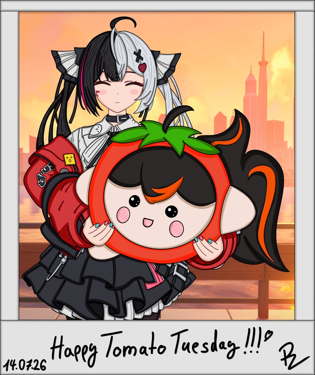 Gold_Koun's tweet photo. A very kind officer gave Lacrimosa a gift on her stroll through Lumina Square! 🍅
My finished tomato lover crossover drawing with Lacrimosa from @NTE_GL and Zhumato from @TimelyZhuYuan_ for Tomato Tuesday!

The polaroid was a quick idea, but I think it works very well. 😊 https://t.co/CAFAqtTOuS